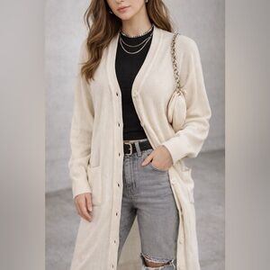 🇨🇦 80s Vintage Cream Long Button Cardigan Sweater Duster Size Small Oversized